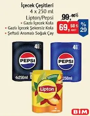 LİPTON/PEPSİ İÇECEK ÇEŞİTLERİ 4X250 ML fiyat ve kampanya bilgisi
